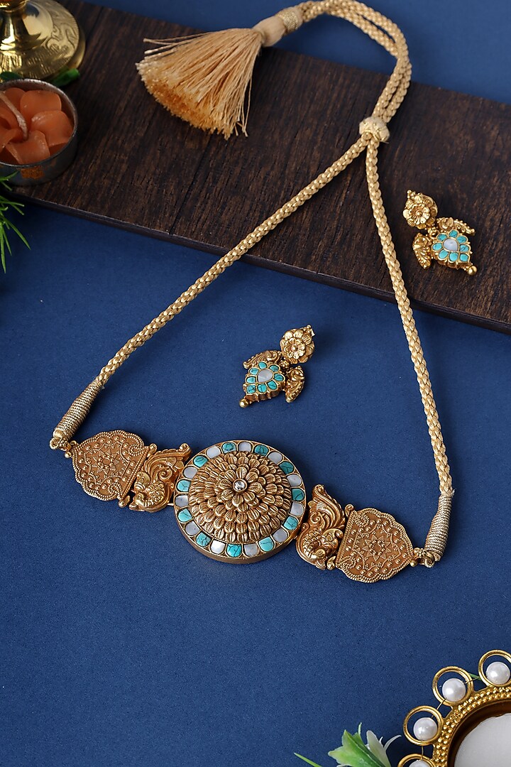 Gold Finish Turquoise Stone Temple Choker Necklace Set In Sterling Silver by Mero at Pernia's Pop Up Shop