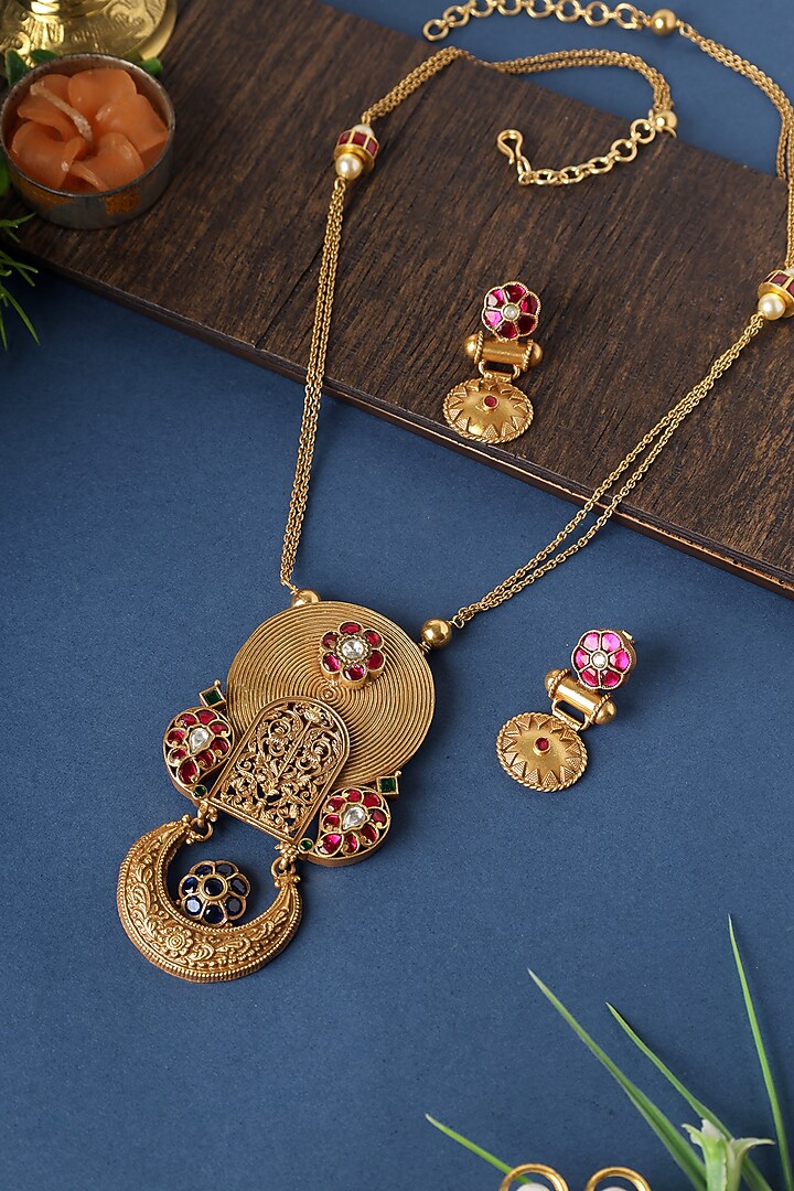 Gold Finish Kundan Polki Long Temple Necklace Set In Sterling Silver by Mero at Pernia's Pop Up Shop
