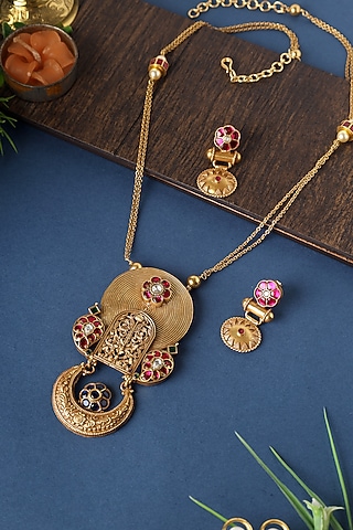 Gold Finish Kundan Polki Long Temple Necklace Set In Sterling Silver by Mero