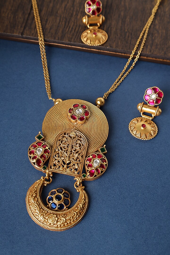 Gold Finish Kundan Polki Long Temple Necklace Set In Sterling Silver by Mero at Pernia's Pop Up Shop