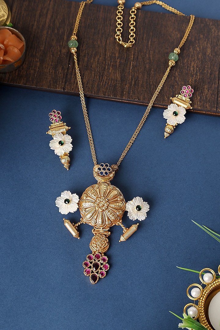 Gold Finish Kundan & Pearls Long Pendant Necklace Set In Sterling Silver by Mero at Pernia's Pop Up Shop