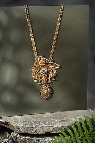 Gold Finish Peacock & Cow Motif Temple Necklace In Sterling Silver by Mero