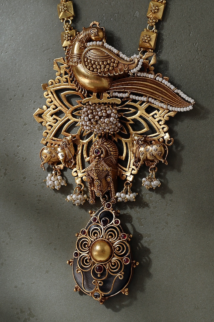 Gold Finish Peacock & Cow Motif Temple Necklace In Sterling Silver by Mero at Pernia's Pop Up Shop