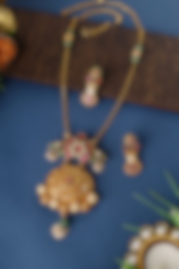 Gold Finish Kundan Temple Pendant Necklace Set In Sterling Silver by Mero at Pernia's Pop Up Shop