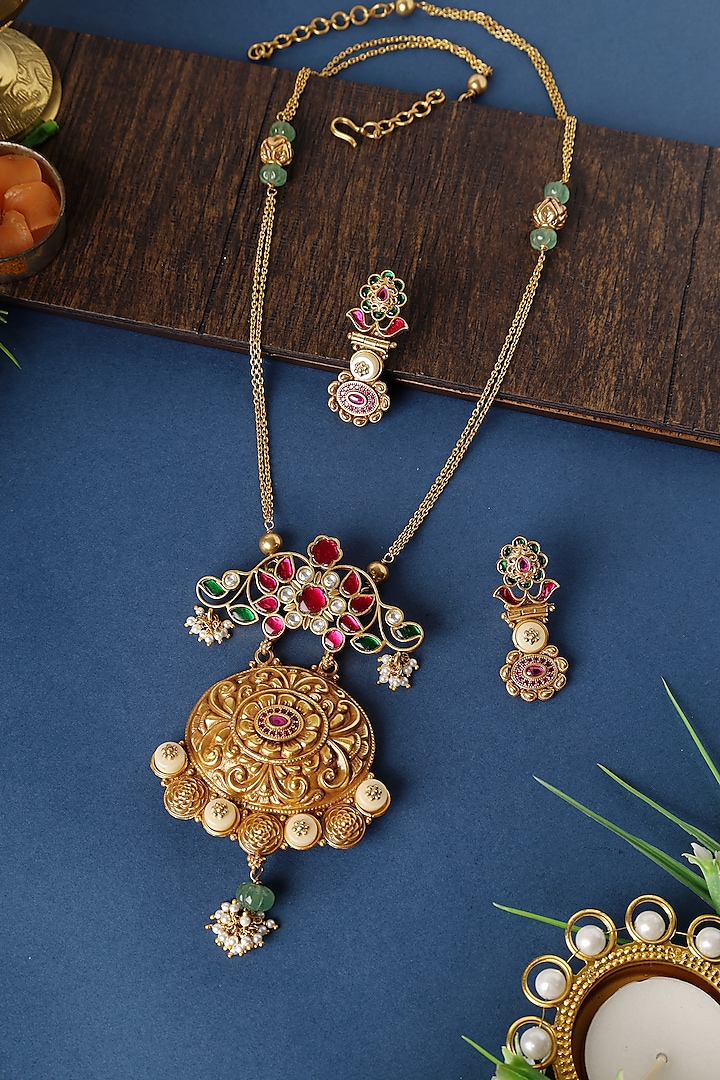 Gold Finish Kundan Temple Pendant Necklace Set In Sterling Silver by Mero at Pernia's Pop Up Shop
