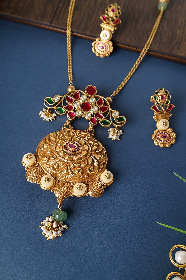Gold Finish Kundan Temple Pendant Necklace Set In Sterling Silver by Mero at Pernia's Pop Up Shop