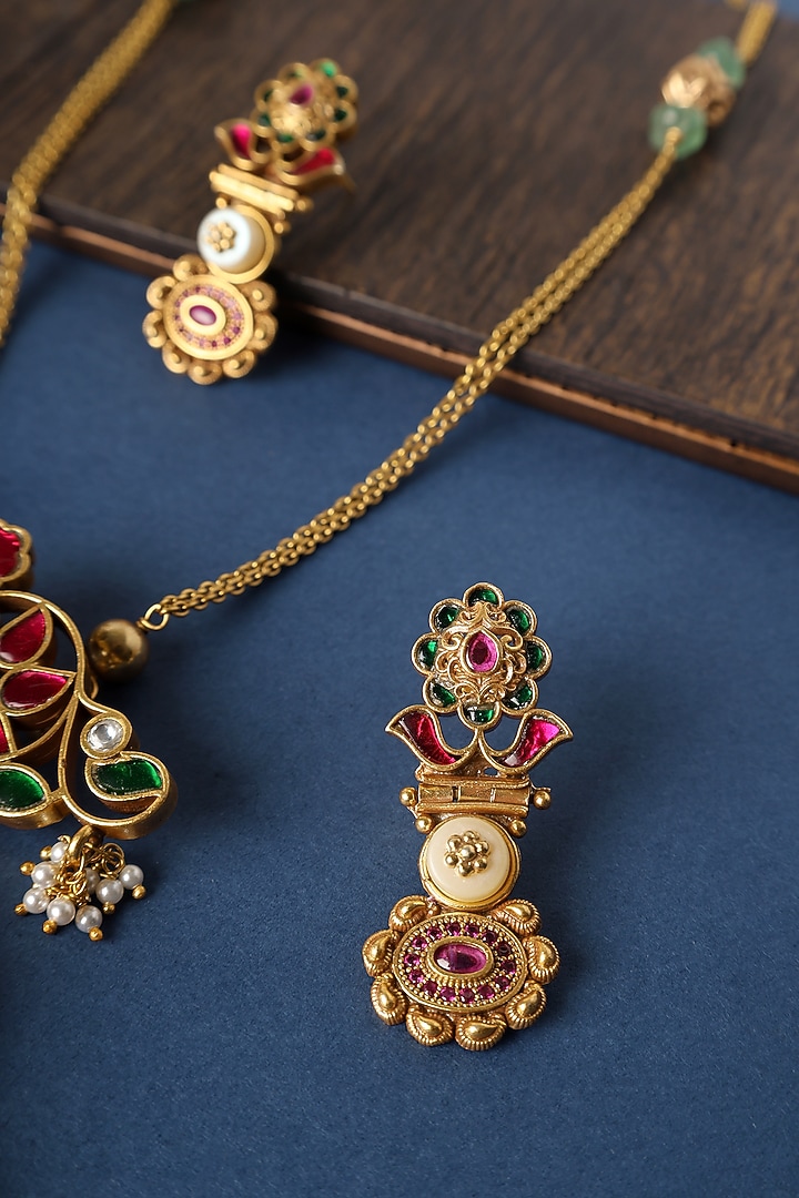 Gold Finish Kundan Temple Pendant Necklace Set In Sterling Silver by Mero at Pernia's Pop Up Shop