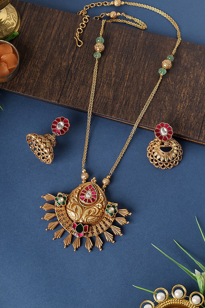 Gold Finish Kundan Tribal Pendant Necklace Set In Sterling Silver by Mero at Pernia's Pop Up Shop