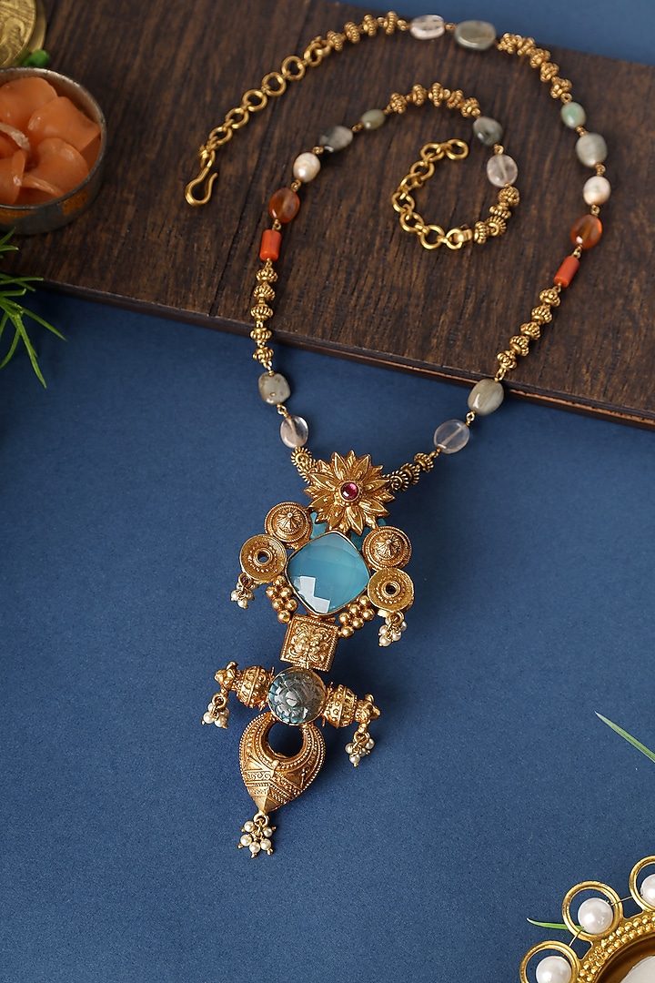 Gold Finish Calcedonia Stone Long Pendant Necklace In Sterling Silver by Mero at Pernia's Pop Up Shop