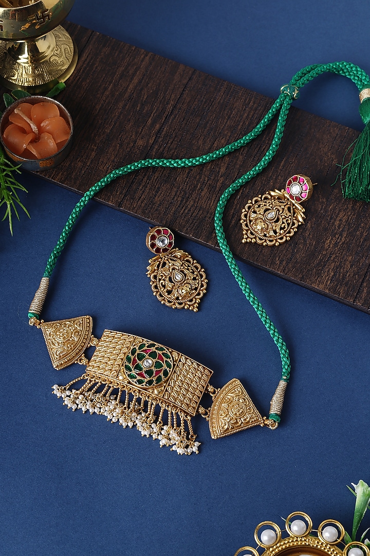 Gold Finish Kundan Polki Temple Choker Necklace Set In Sterling Silver by Mero at Pernia's Pop Up Shop