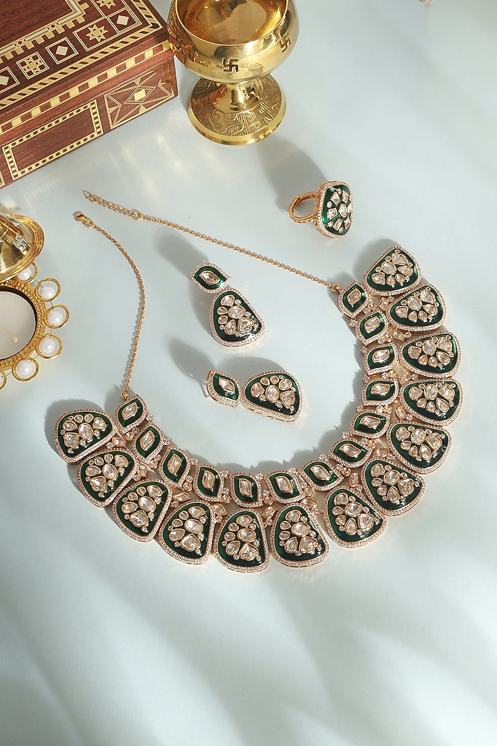 Gold Finish Green Moissanite Stone Necklace Set In Sterling Silver by Mero at Pernia's Pop Up Shop