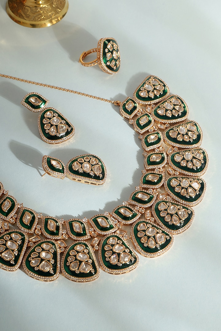 Gold Finish Green Moissanite Stone Necklace Set In Sterling Silver by Mero at Pernia's Pop Up Shop