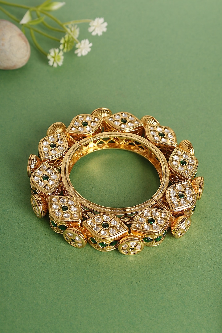 Gold Finish Green Moissanite Stone Kada In Sterling Silver by Mero at Pernia's Pop Up Shop