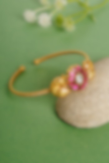 Gold Finish Pink Kundan Polki Peacock Kada In Sterling Silver by Mero at Pernia's Pop Up Shop