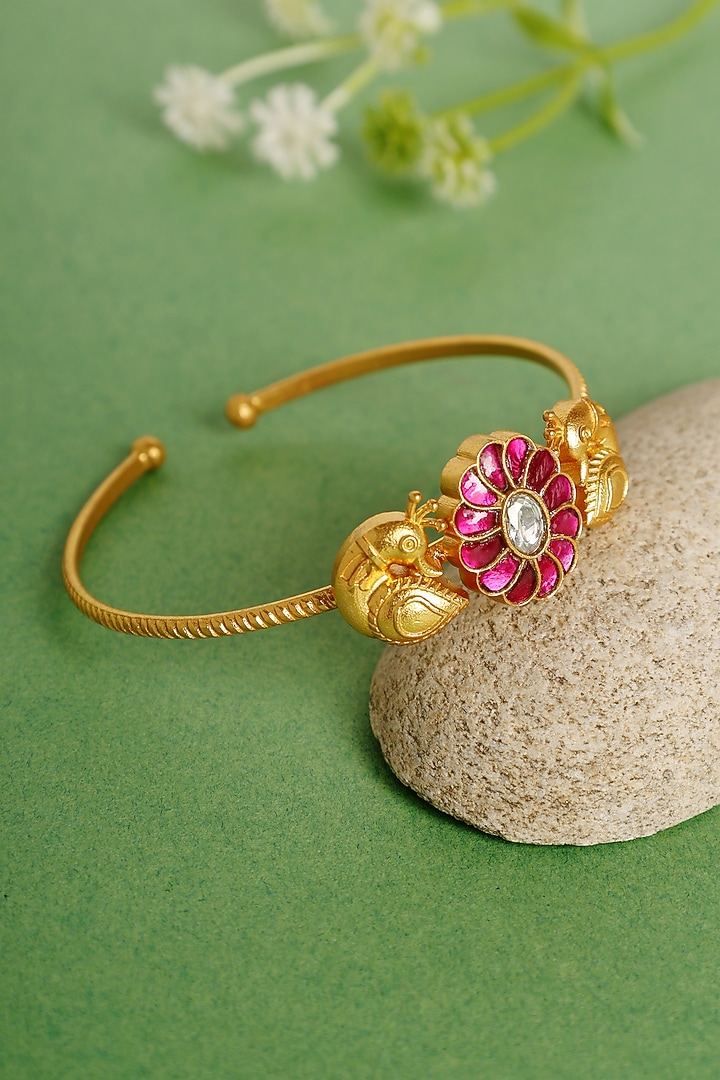 Gold Finish Pink Kundan Polki Peacock Kada In Sterling Silver by Mero at Pernia's Pop Up Shop