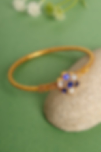 Gold Finish Blue Kundan Polki Temple Kada In Sterling Silver by Mero at Pernia's Pop Up Shop