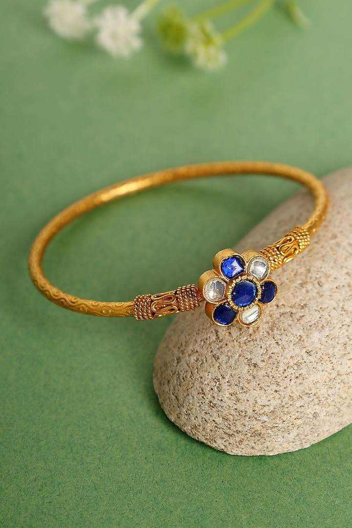 Gold Finish Blue Kundan Polki Temple Kada In Sterling Silver by Mero at Pernia's Pop Up Shop