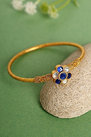 Gold Finish Blue Kundan Polki Temple Kada In Sterling Silver by Mero