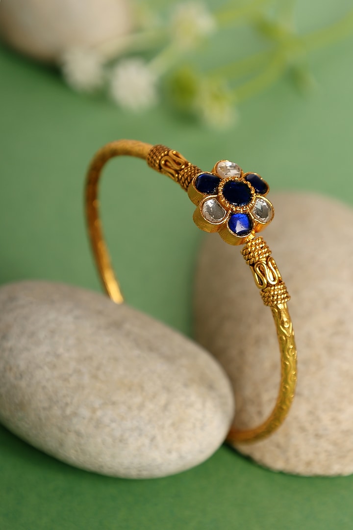 Gold Finish Blue Kundan Polki Temple Kada In Sterling Silver by Mero at Pernia's Pop Up Shop
