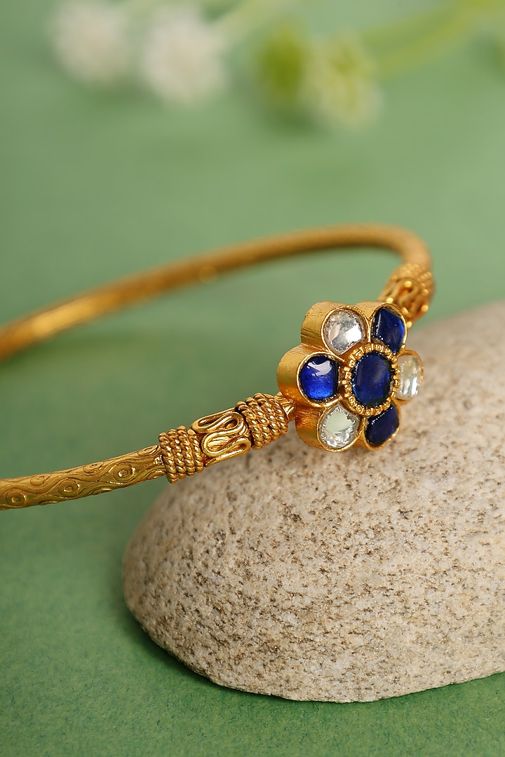 Gold Finish Blue Kundan Polki Temple Kada In Sterling Silver by Mero at Pernia's Pop Up Shop