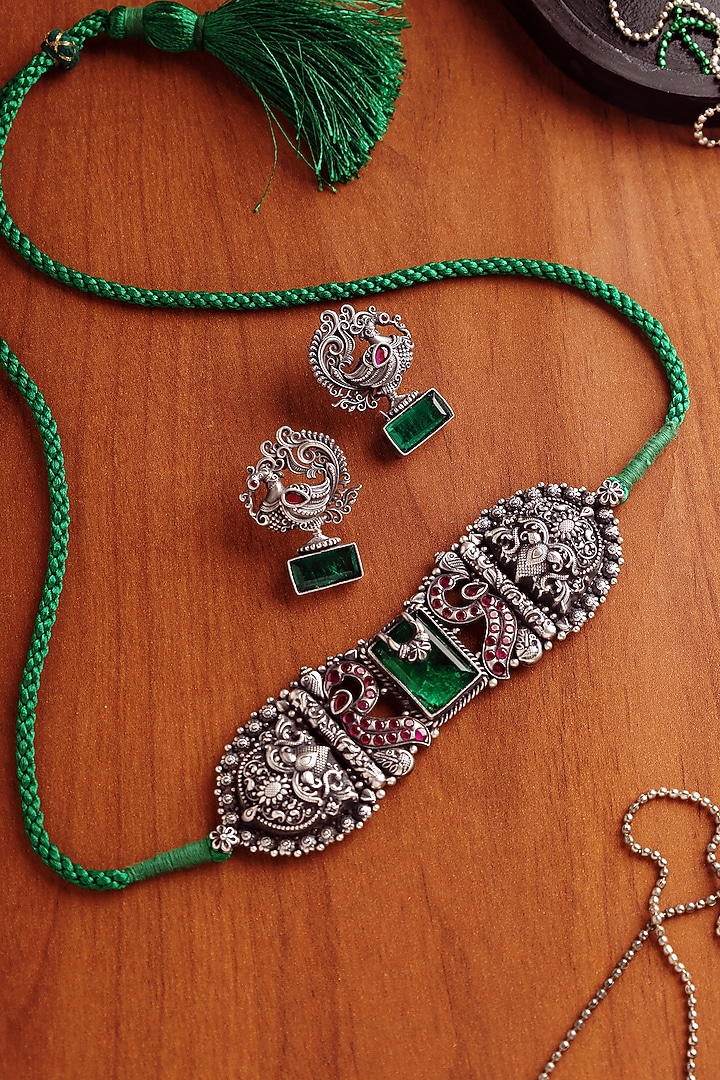 White Finish Emerald Stone Temple Choker Necklace Set In Sterling Silver by Mero at Pernia's Pop Up Shop