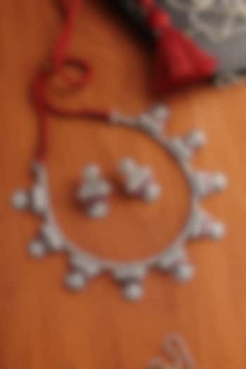 White Finish Pink Stone Temple Tribal Necklace Set In Sterling Silver by Mero at Pernia's Pop Up Shop