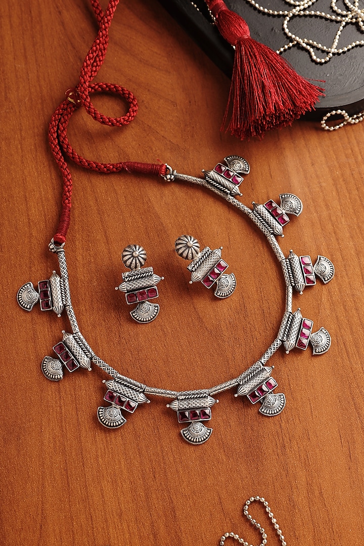 White Finish Pink Stone Temple Tribal Necklace Set In Sterling Silver by Mero at Pernia's Pop Up Shop