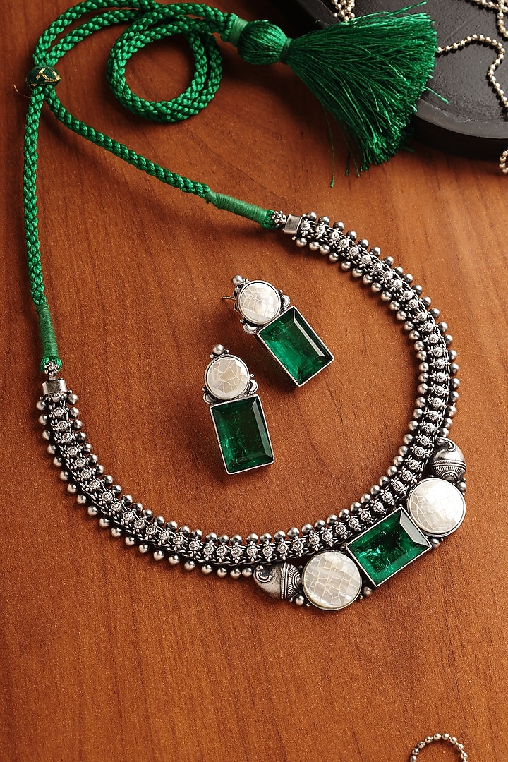 White Finish Mother Of Pearl & Onyx Stone Temple Necklace Set In Sterling Silver by Mero at Pernia's Pop Up Shop