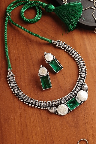 White Finish Mother Of Pearl & Onyx Stone Temple Necklace Set In Sterling Silver by Mero