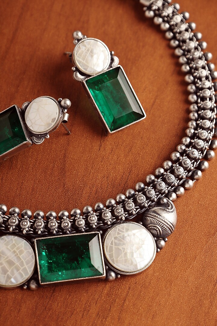 White Finish Mother Of Pearl & Onyx Stone Temple Necklace Set In Sterling Silver by Mero at Pernia's Pop Up Shop