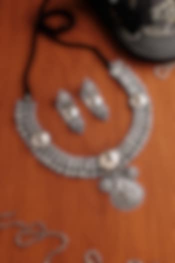 White Finish Tribal Motif Temple Necklace Set In Sterling Silver by Mero at Pernia's Pop Up Shop