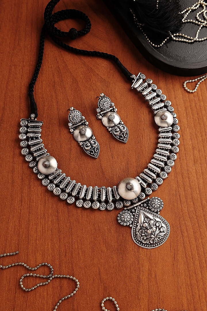 White Finish Tribal Motif Temple Necklace Set In Sterling Silver by Mero at Pernia's Pop Up Shop
