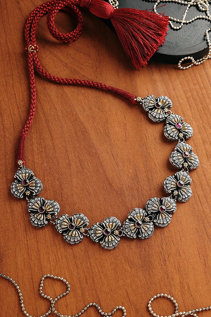 White Finish Ruby Kempstone Floral Necklace In Sterling Silver by Mero at Pernia's Pop Up Shop