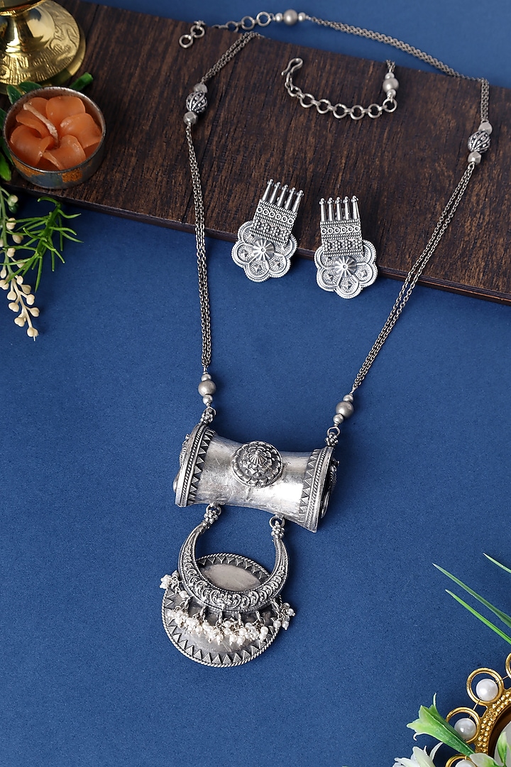 White Finish Tribal Long Pendant Necklace Set In Sterling Silver by Mero at Pernia's Pop Up Shop