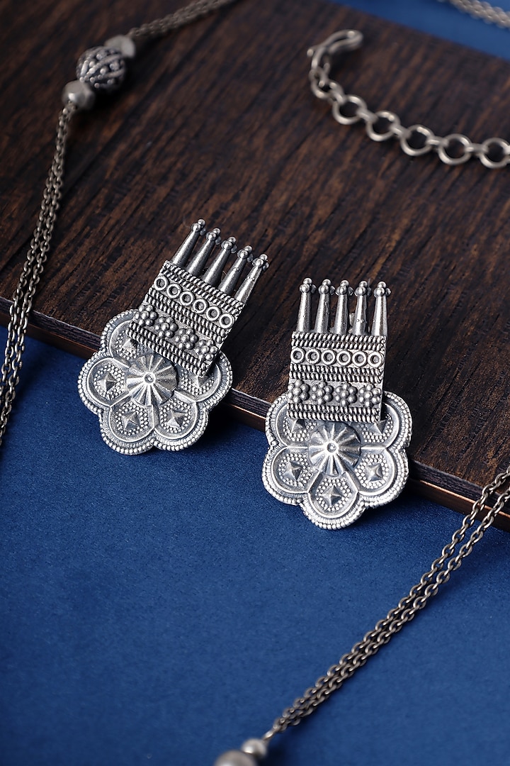 White Finish Tribal Long Pendant Necklace Set In Sterling Silver by Mero at Pernia's Pop Up Shop