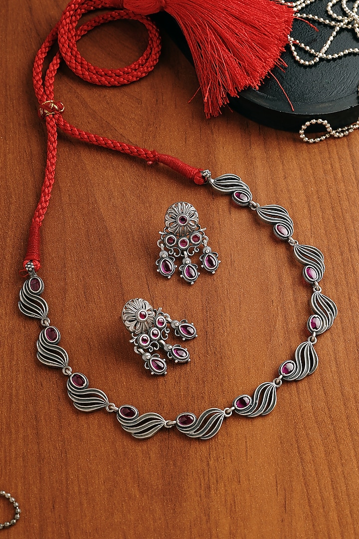 White Finish Pink Kempstone Temple Necklace Set In Sterling Silver by Mero at Pernia's Pop Up Shop