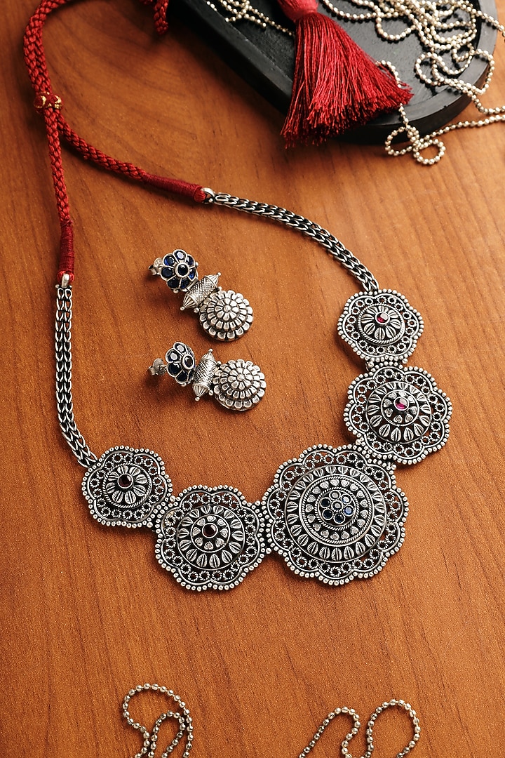 White Finish Blue Kempstone Temple Necklace Set In Sterling Silver by Mero at Pernia's Pop Up Shop