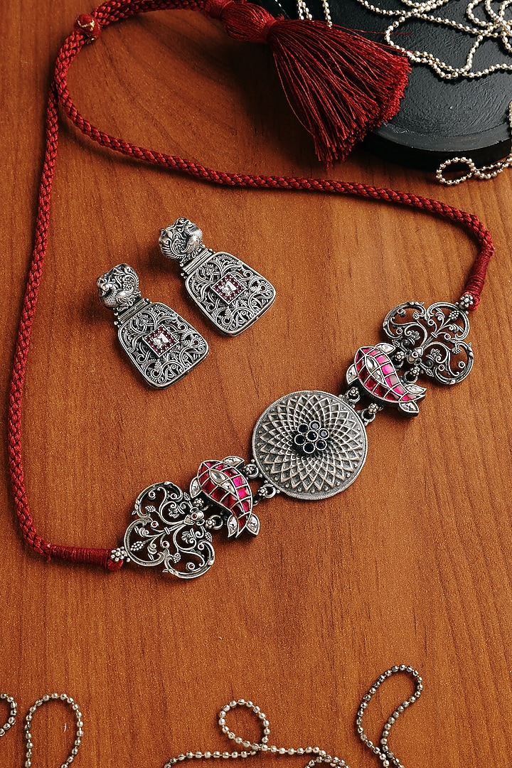 White Finish Pink Kundan Polki Temple Choker Necklace Set In Sterling Silver by Mero at Pernia's Pop Up Shop