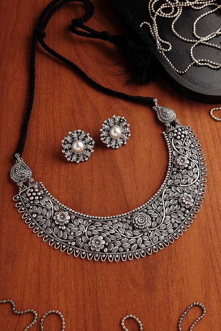 White Finish Pearl Floral Temple Necklace Set In Sterling Silver by Mero at Pernia's Pop Up Shop