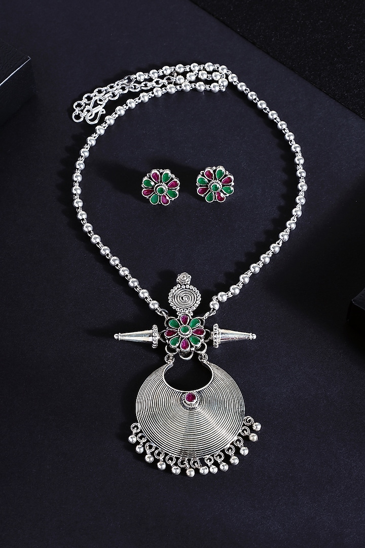 White Finish Ruby Stone Long Pendant Necklace Set In Sterling Silver by Mero at Pernia's Pop Up Shop