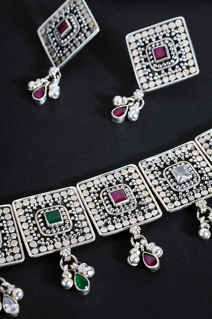 White Finish Ruby Stone Choker Necklace Set In Sterling Silver by Mero at Pernia's Pop Up Shop
