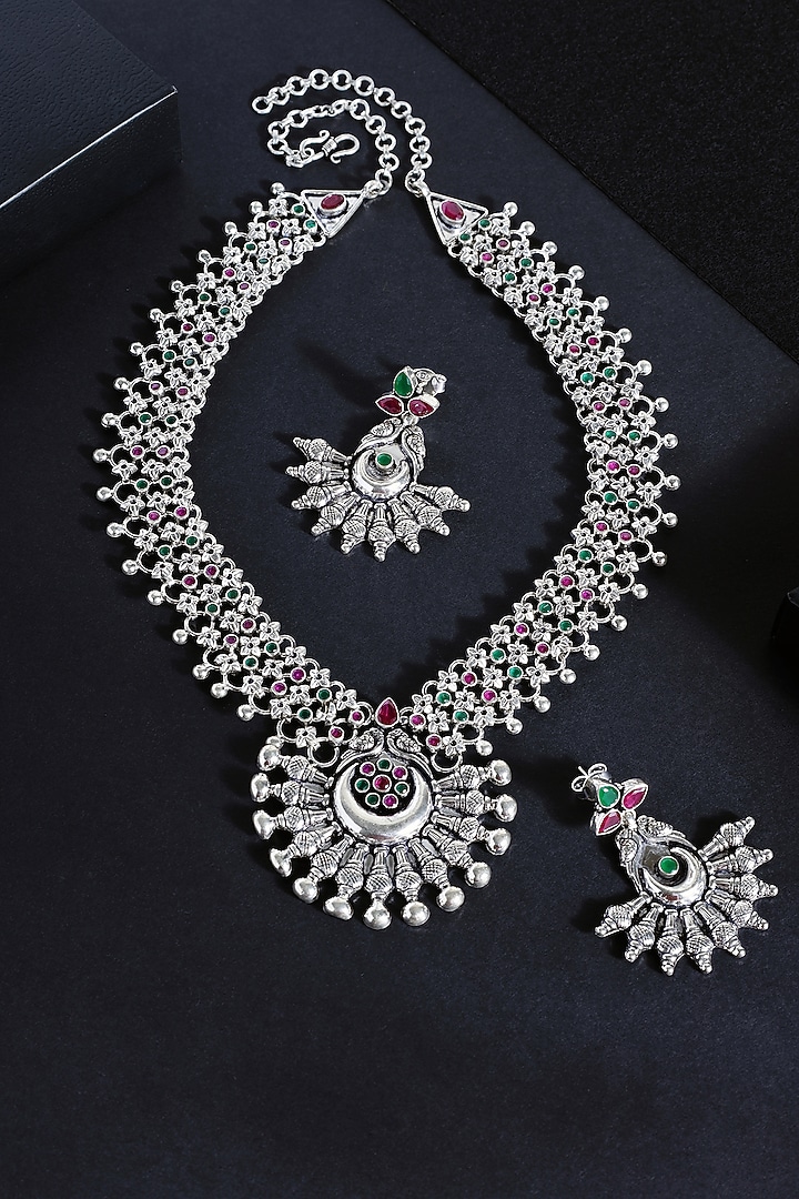 White Finish Ruby Stone Long Tribal Necklace Set In Sterling Silver by Mero at Pernia's Pop Up Shop