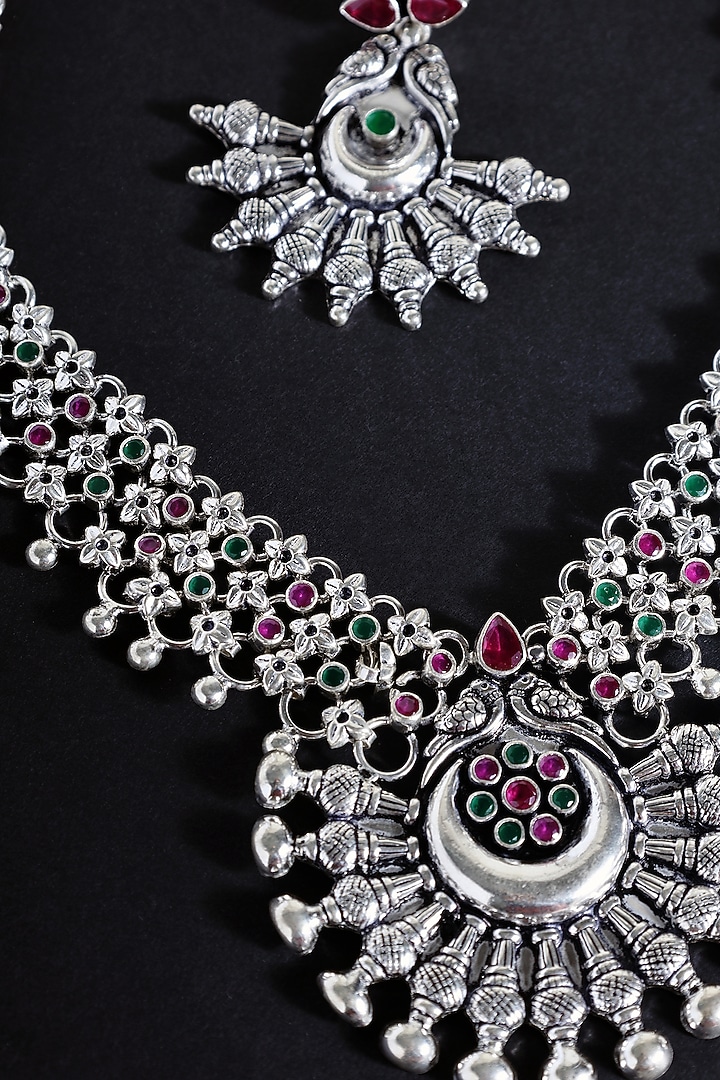 White Finish Ruby Stone Long Tribal Necklace Set In Sterling Silver by Mero at Pernia's Pop Up Shop