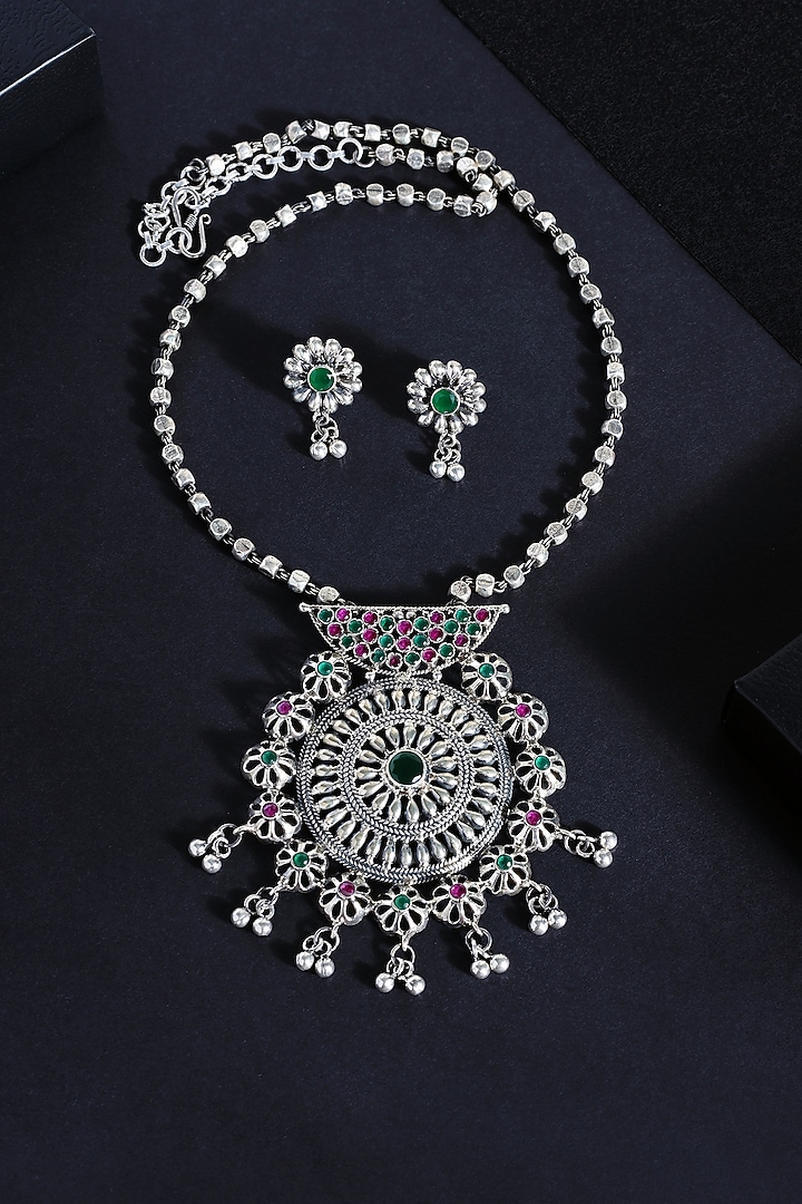 White Finish Ruby Stone Long Pendant Necklace Set In Sterling Silver by Mero at Pernia's Pop Up Shop