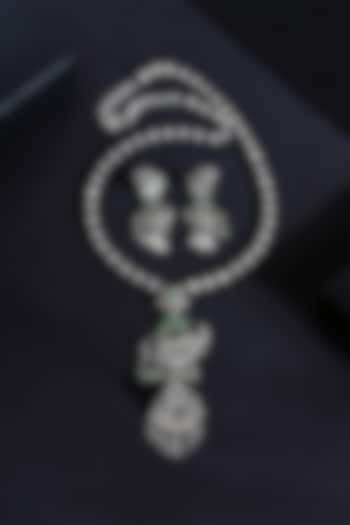 White Finish Emerald Green Stone Temple Long Necklace Set In Sterling Silver by Mero at Pernia's Pop Up Shop