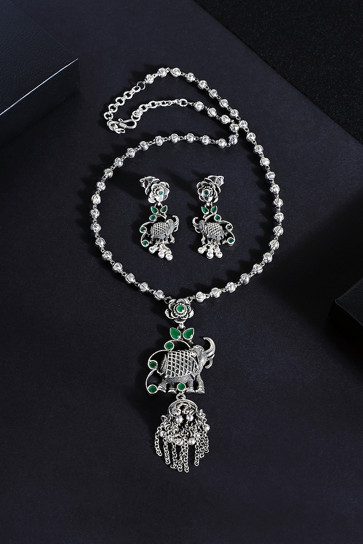 White Finish Emerald Green Stone Temple Long Necklace Set In Sterling Silver by Mero at Pernia's Pop Up Shop
