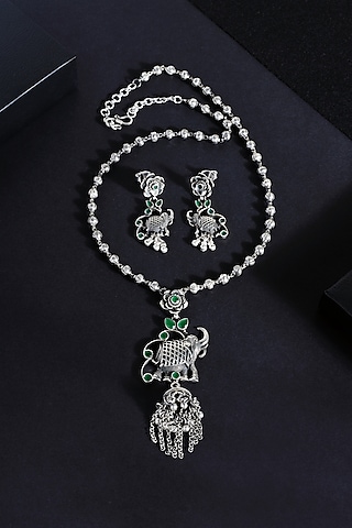 White Finish Emerald Green Stone Temple Long Necklace Set In Sterling Silver by Mero