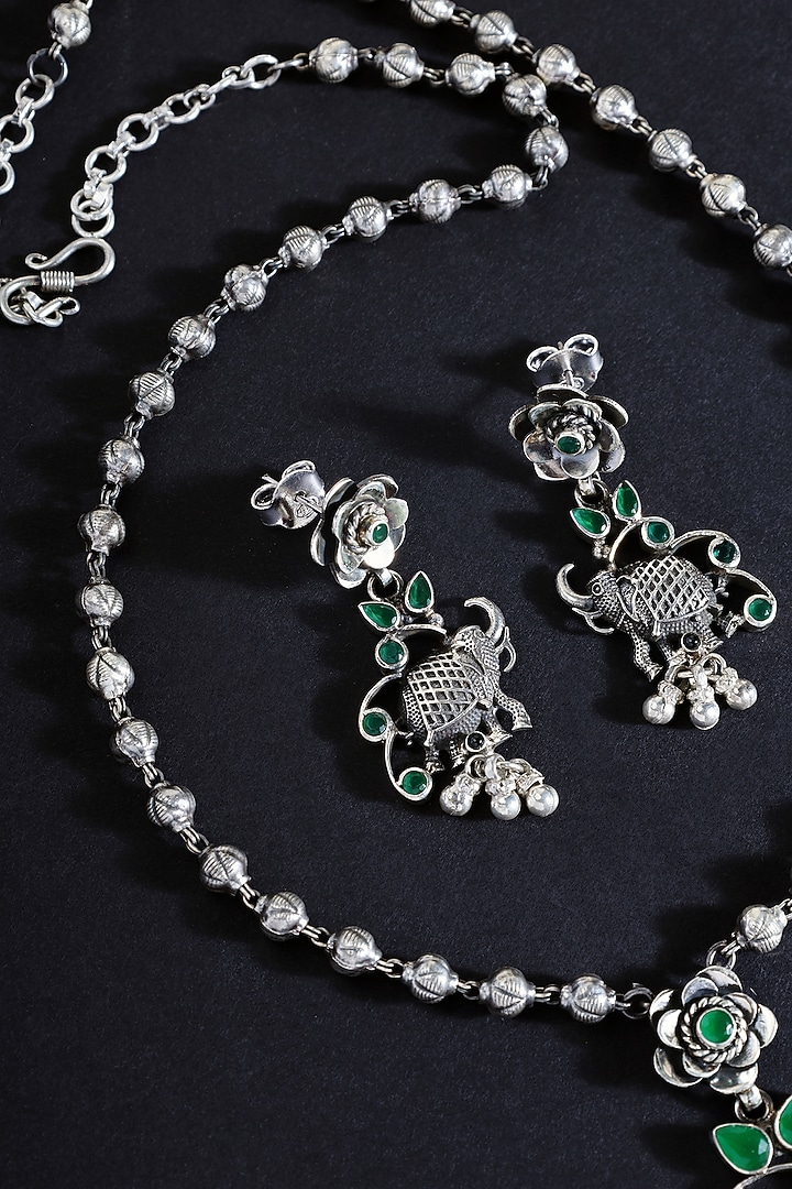 White Finish Emerald Green Stone Temple Long Necklace Set In Sterling Silver by Mero at Pernia's Pop Up Shop