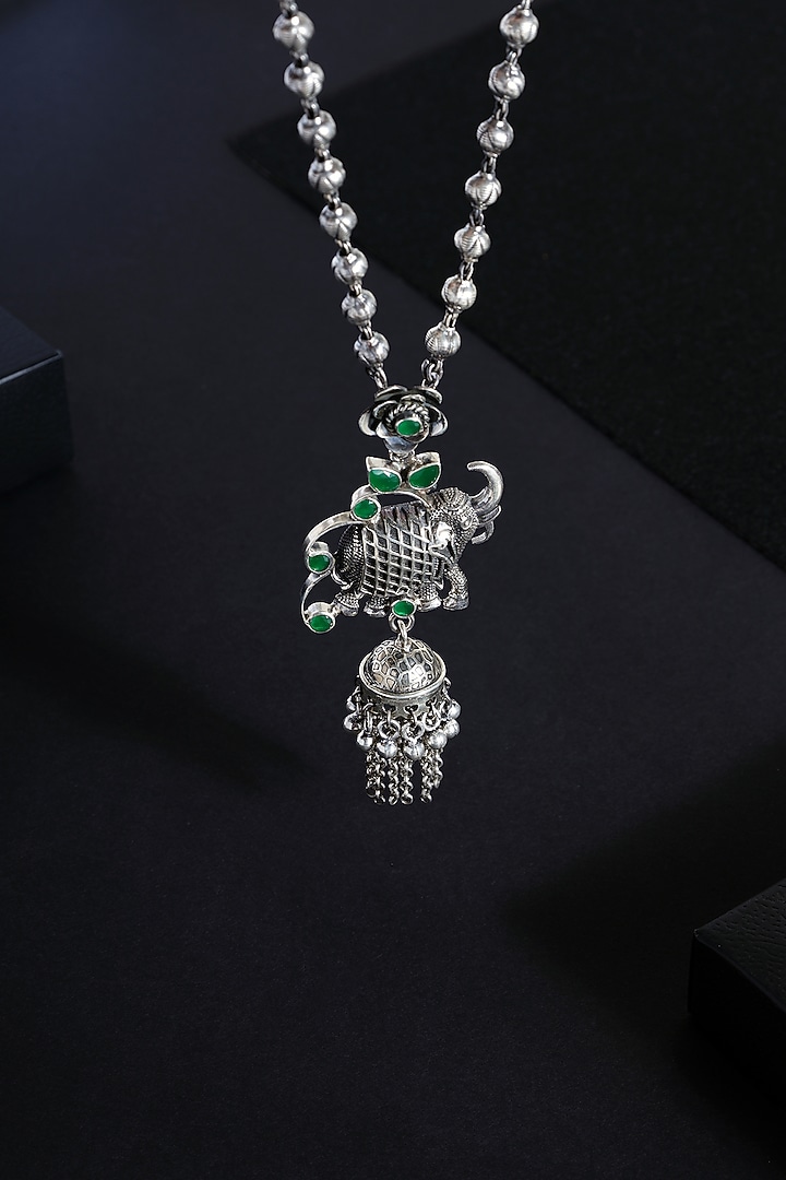 White Finish Emerald Green Stone Temple Long Necklace Set In Sterling Silver by Mero at Pernia's Pop Up Shop