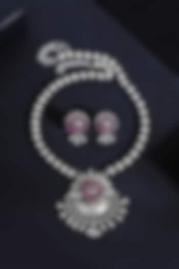 White Finish Ruby Stone Temple Floral Pendant Necklace Set In Sterling Silver by Mero at Pernia's Pop Up Shop